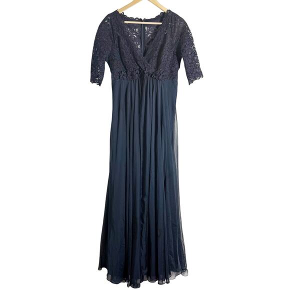 Rickie Freeman Teri Jon Navy Blue Lace Empire Waist Chiffon Formal Gown 10 - Picture 2 of 13